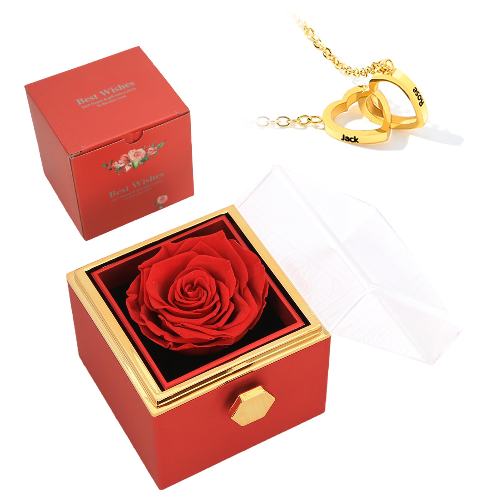 ‌TINGKU Eternal Real Rose Gift Box for Women, Preserved Rose with Customized Name Engraved Heart Necklace, Personalized Romantic Gift for Wife, Girlfriend, Mom, Mother's Day Love Keepsake