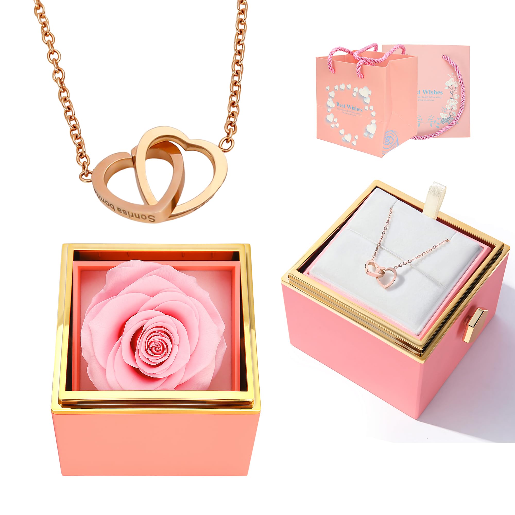 ‌TINGKU Eternal Real Rose Gift Box for Women, Preserved Rose with Customized Name Engraved Heart Necklace, Personalized Romantic Gift for Wife, Girlfriend, Mom, Mother's Day Love Keepsake