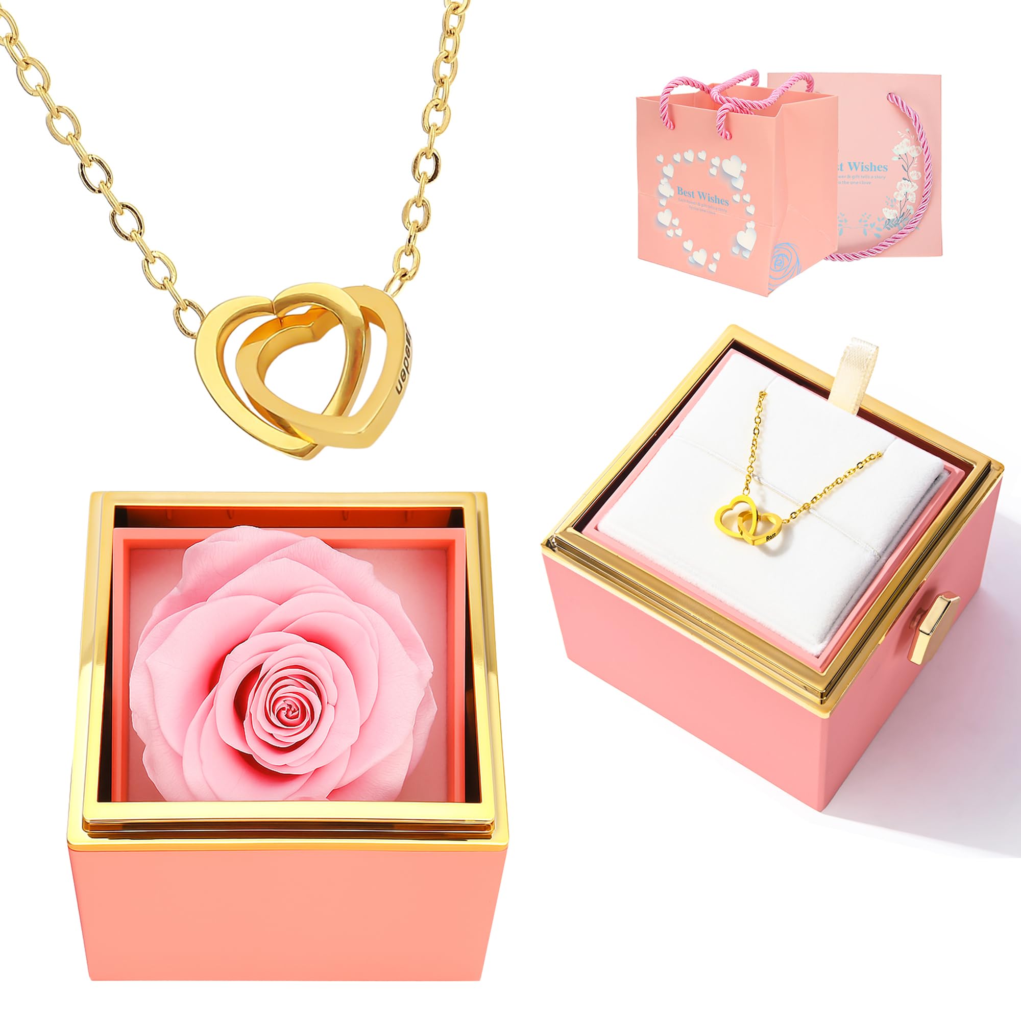 ‌TINGKU Eternal Real Rose Gift Box for Women, Preserved Rose with Customized Name Engraved Heart Necklace, Personalized Romantic Gift for Wife, Girlfriend, Mom, Mother's Day Love Keepsake