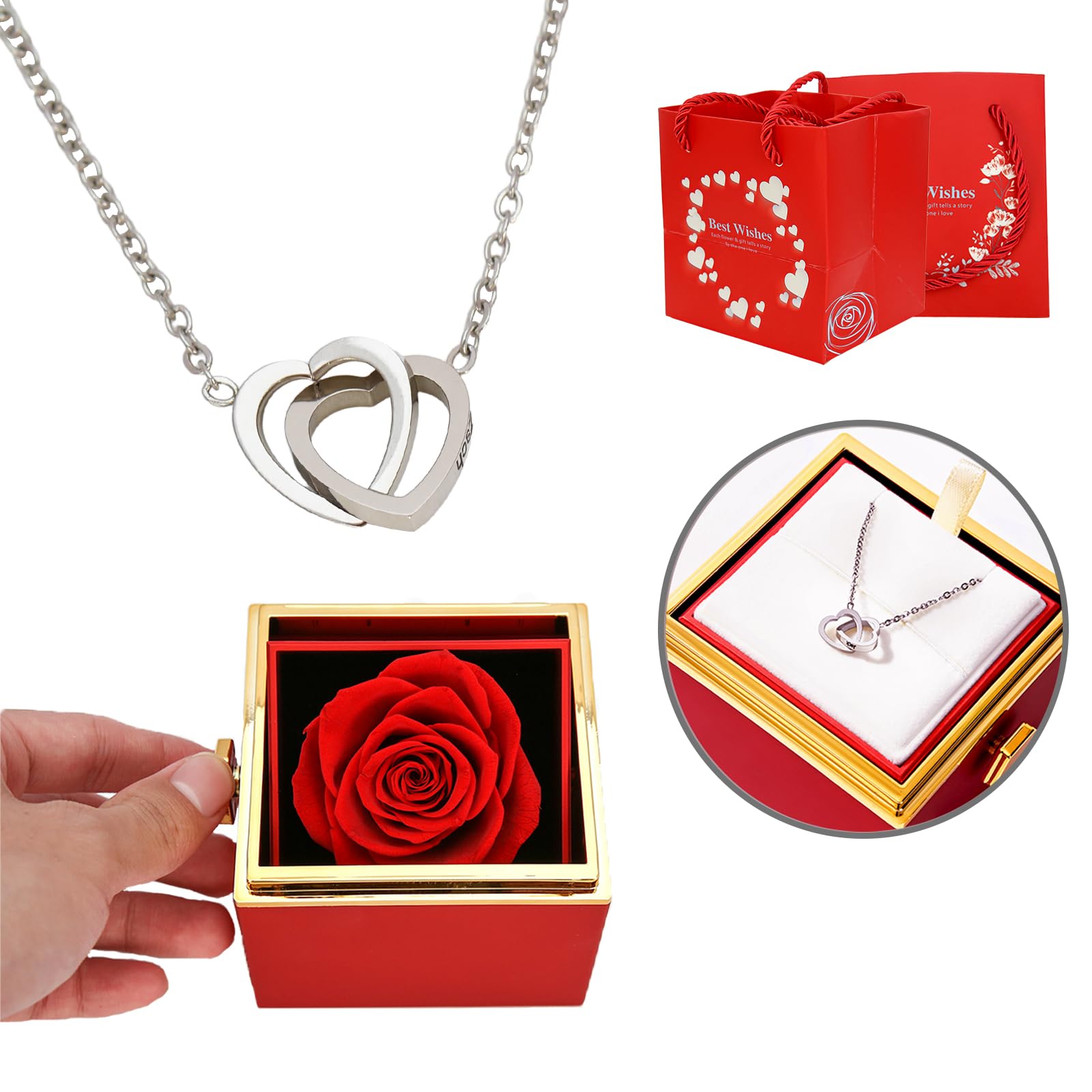 ‌TINGKU Eternal Real Rose Gift Box for Women, Preserved Rose with Customized Name Engraved Heart Necklace, Personalized Romantic Gift for Wife, Girlfriend, Mom, Mother's Day Love Keepsake