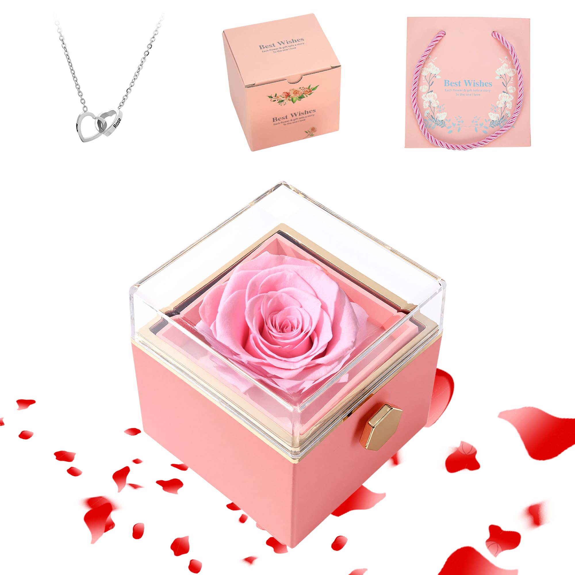 ‌TINGKU Eternal Real Rose Gift Box for Women, Preserved Rose with Customized Name Engraved Heart Necklace, Personalized Romantic Gift for Wife, Girlfriend, Mom, Mother's Day Love Keepsake