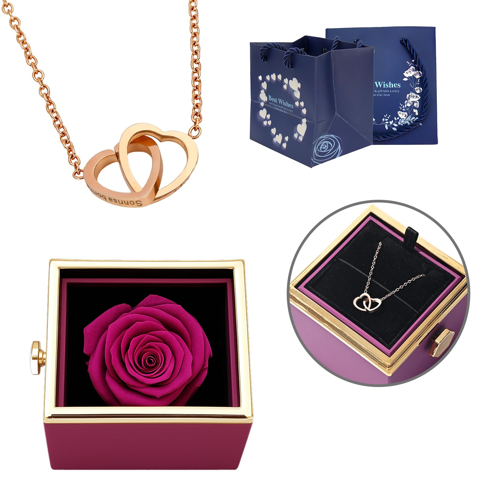 ‌TINGKU Eternal Real Rose Gift Box for Women, Preserved Rose with Customized Name Engraved Heart Necklace, Personalized Romantic Gift for Wife, Girlfriend, Mom, Mother's Day Love Keepsake