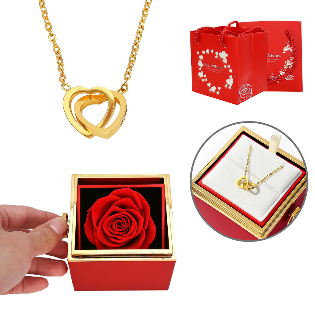 ‌TINGKU Eternal Real Rose Gift Box for Women, Preserved Rose with Customized Name Engraved Heart Necklace, Personalized Romantic Gift for Wife, Girlfriend, Mom, Mother's Day Love Keepsake